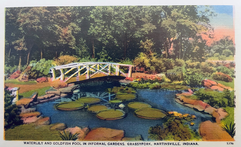 Grassyfork fisheries vintage postcard with lily pond in grassyfork gardens